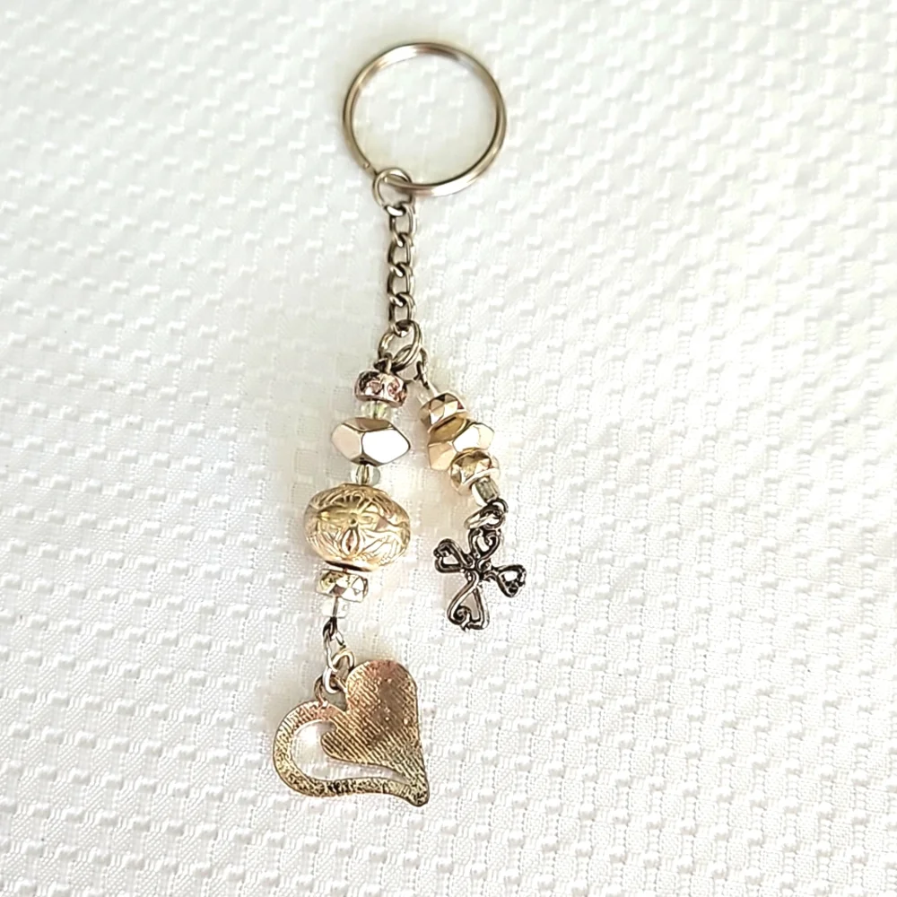 Faith And Love Silver Toned Cross And Heart Keychain Keyring Handmade